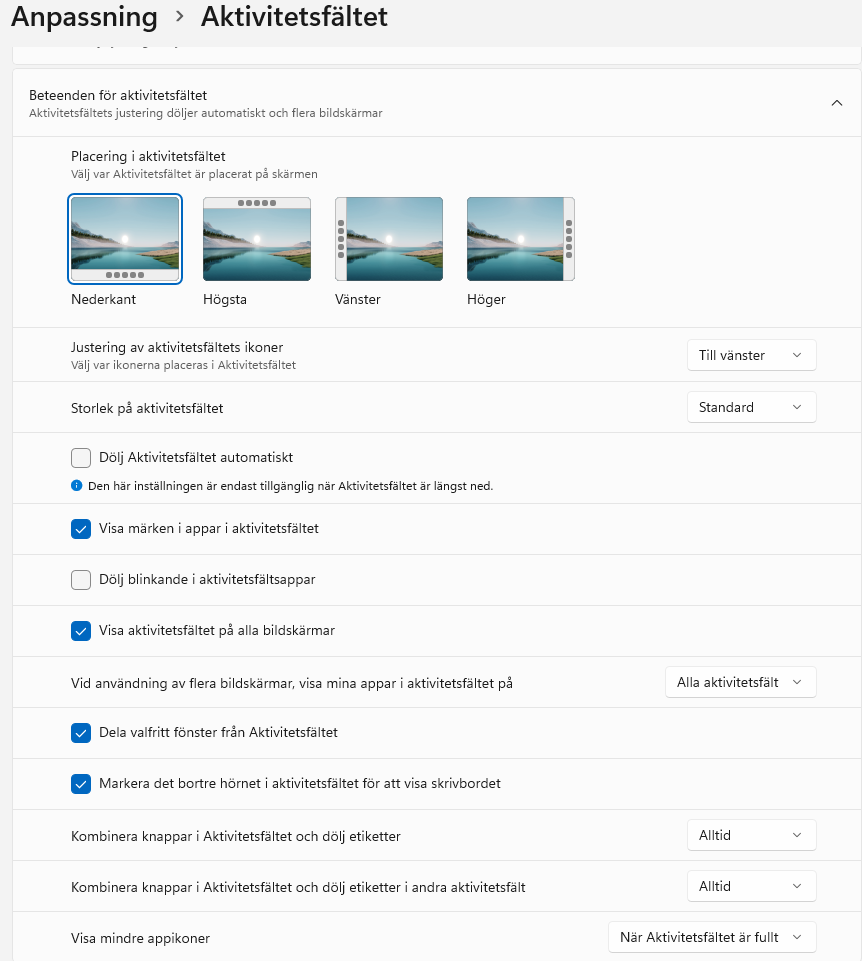 Bild som visar inställningar för Aktivitetsfältet i Windows 11 26H2