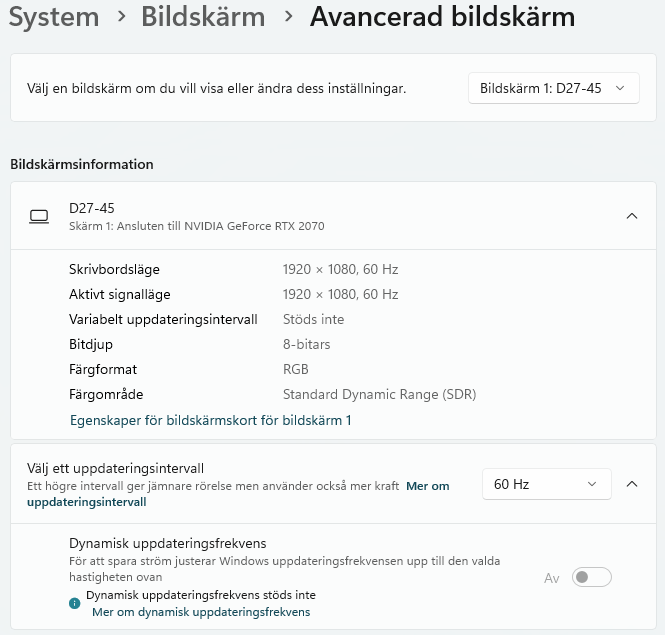 Inställning i Windows 1 där jag kan justera uppdateringsfrekvensen