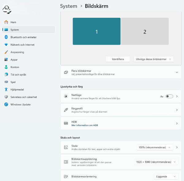 Bild på Bildskärmsinställningar i Windows 11 under menyn system