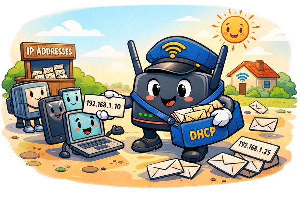 Bild som illustrera en router som delar ut IP adresser till enheter i nätverket