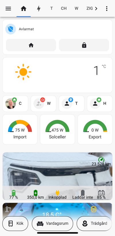 Home Assistant Dashboard på mobiltelefon