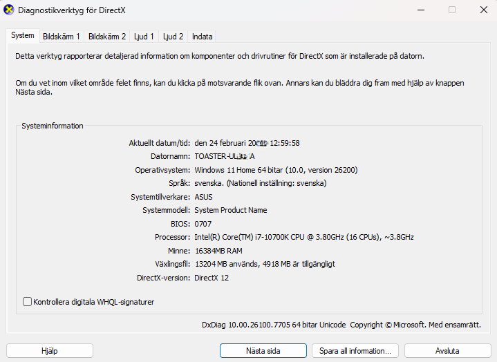 Datorspec via DxDiag i Windows 11