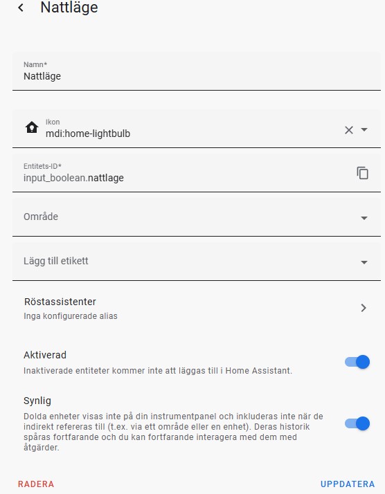 Inställningar växel i Home Assistant