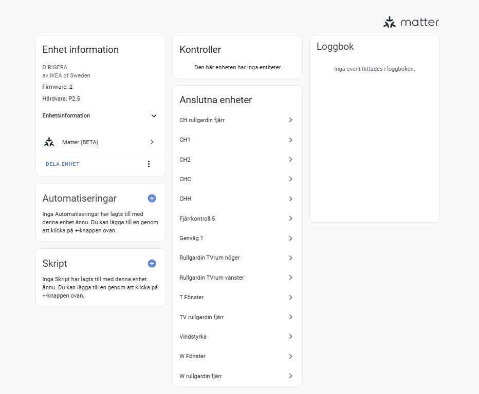 Home Assistant visar IKEA DIRIGERA MATTER enheter