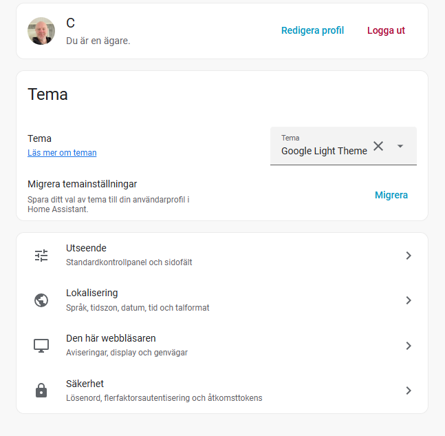 Bild på profil sida i Home Assistant med inställningar