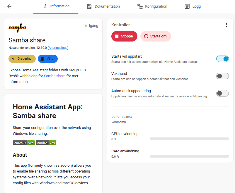 Bild på appen samba share i Home Assistant
