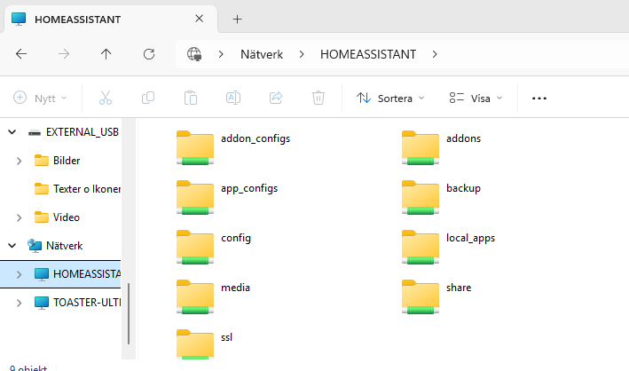 Bild som visar mina Home Assistant mappar och filer i windows 11 utforskaren
