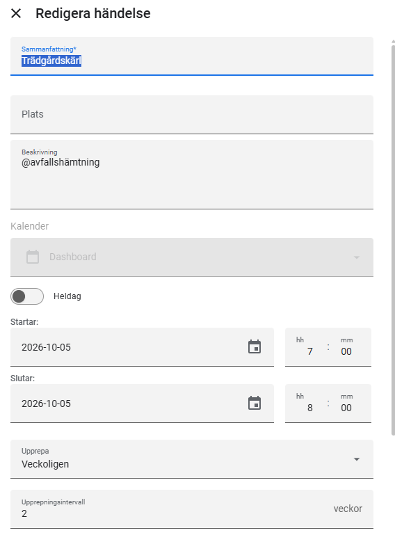 Bild på en kalenderhändelse i Home Assistant