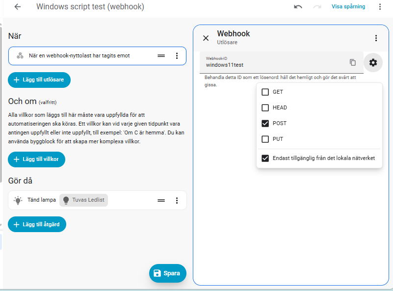 Bild på en home assistant automation där jag använder webhook som trigger