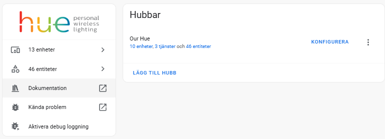 Bild på Philips hue bridge integrationen i Home Assistant