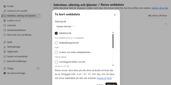 Bild på hur jag rensar cache, cookies, och historik i edge