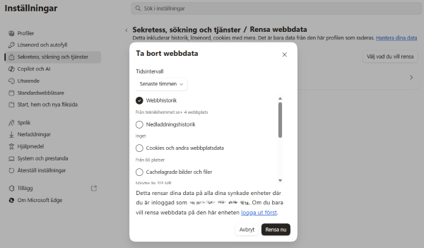 Bild på hur jag rensar cache, cookies, ocg historik i edge