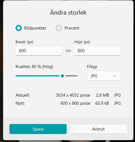 Ämdra storlek på kort med windows 11 foto