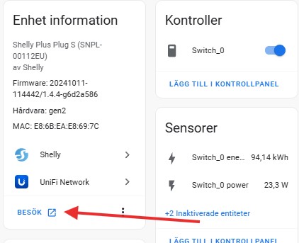 Länk från Home Assistant till Shelly enhetens interface