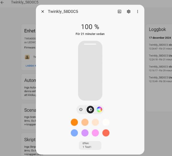 Twinkly kontroller i Home Assistant