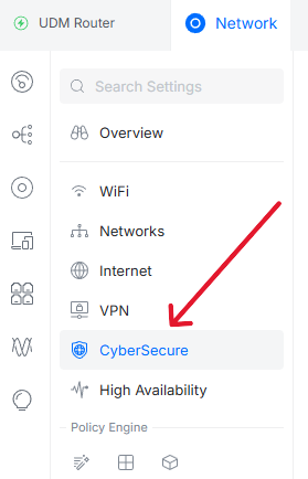 Bild på menyn CYbersecure i Unifi kontroller