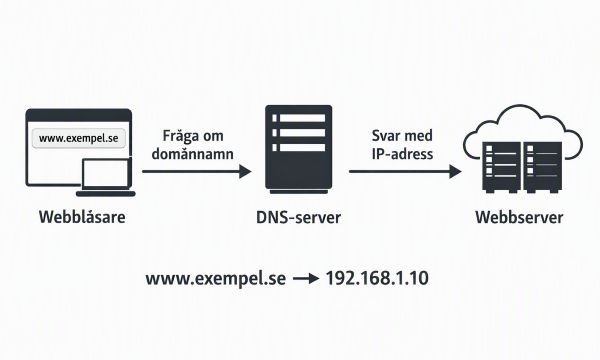 En bild som symboliserar och förklarar en DNS server. Bilden är skapad av Copilot