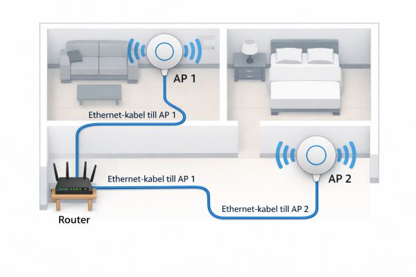 bild på accesspunkter som är anlutna till router med kabel för att få bättre wifi