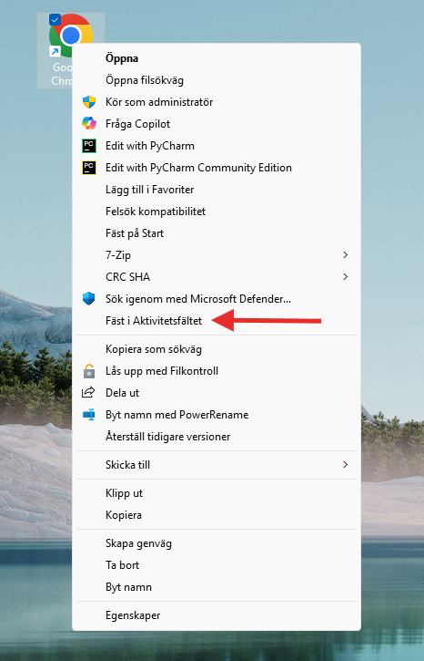 Bild på hur jjag kan högerklicka på en app och fästa på aktivitetsfältet i windows 11