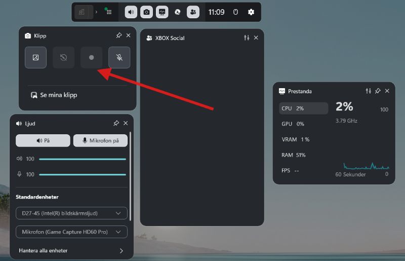 Spela in skärmen i windows 11 med game bar