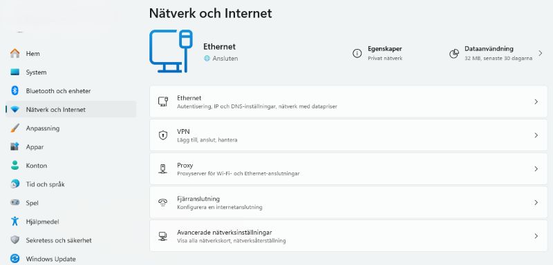Bild på nätverksinställningar i windows 11