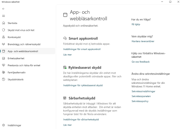 Bild på app och webbläsarkontroll i Windows 11