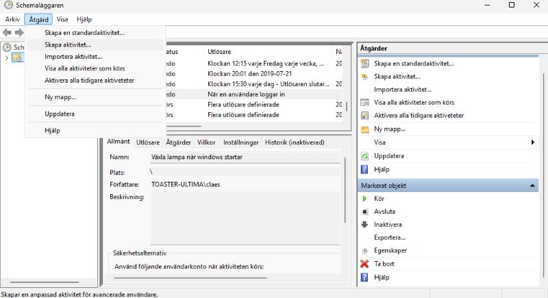 Bild på hur jag kan skapa en aktivitet med windows 11 schemaläggare
