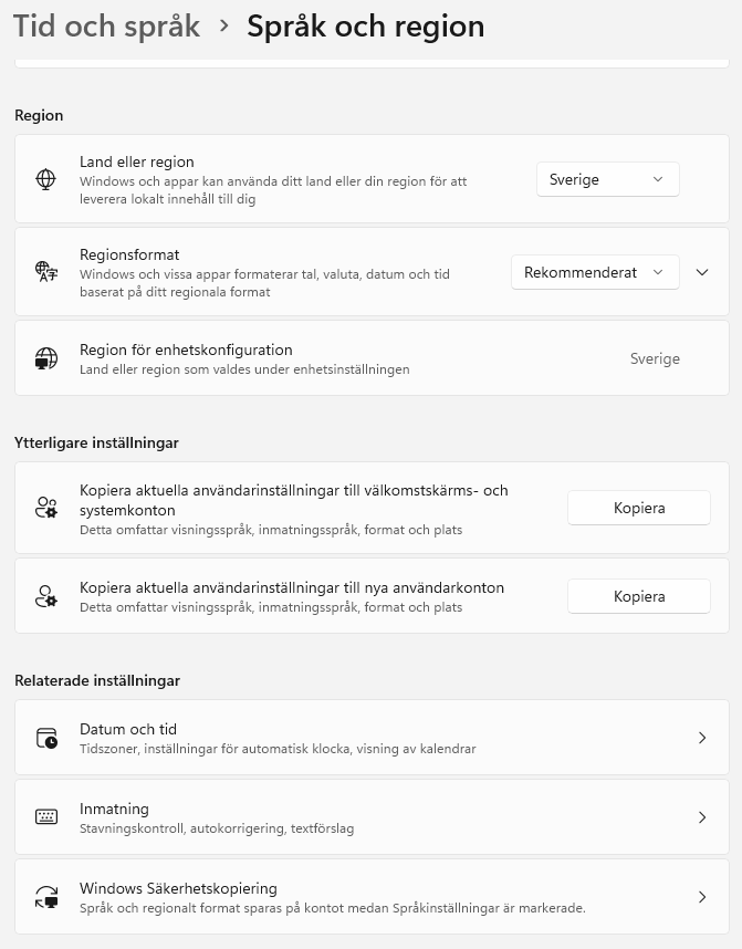 Bild på meny Språk och region i Windows 11