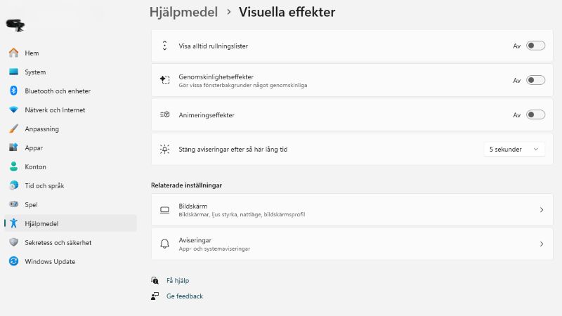 Bild på Windows 11 hur jag stänger av visuella effekter