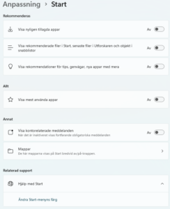 Bild på hur jag ändrar windows 11 startmeny med OS 26200.8875