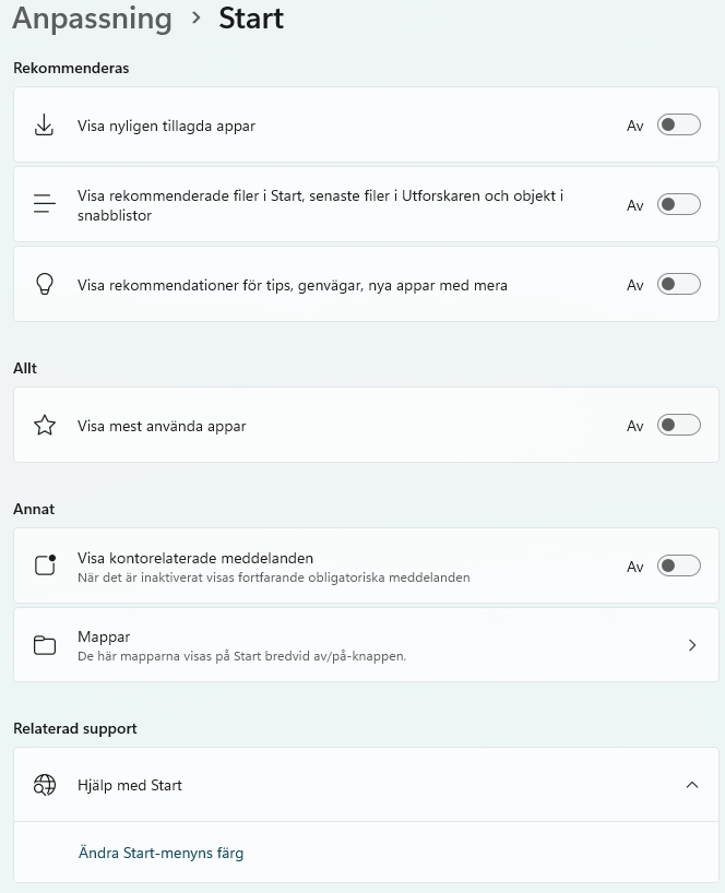 Bild på hur jag ändrar windows 11 startmeny med OS 26200.8875