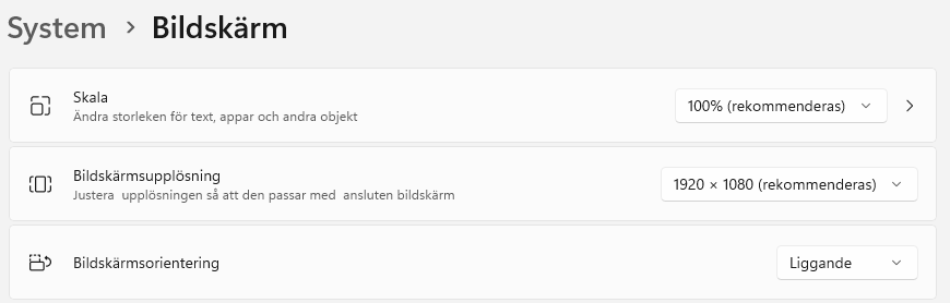 Bild på windows 11 inställningar där jag kan justera skalning