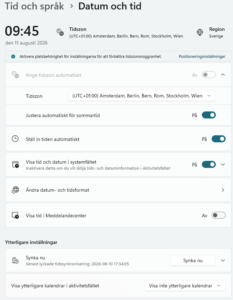 Bild på hur jag kan ändra datum och tid i windows 11
