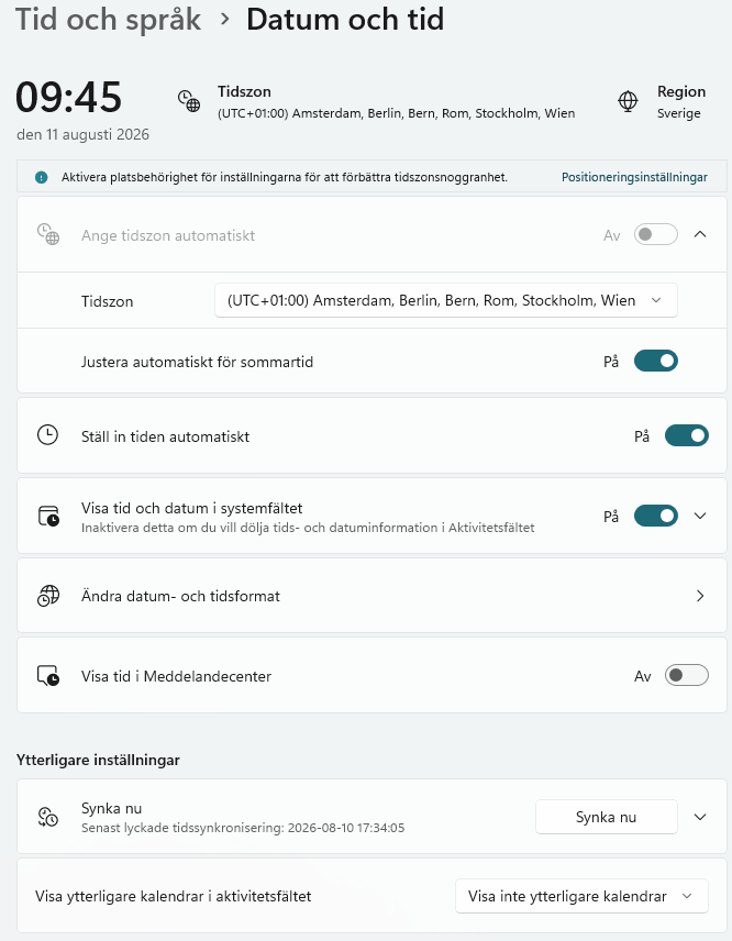Bild på hur jag kan ändra datum och tid i windows 11