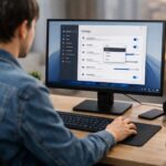 Bild på en person som sitter och gör inställningar eller felsöker i Windows 11. Bilden är skapad av Copilot