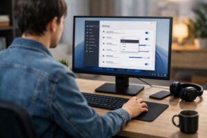 Bild på en person som sitter och gör inställningar eller felsöker i Windows 11. Bilden är skapad av Copilot