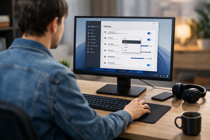 Bild på en person som sitter och gör inställningar eller felsöker i Windows 11. Bilden är skapad av Copilot