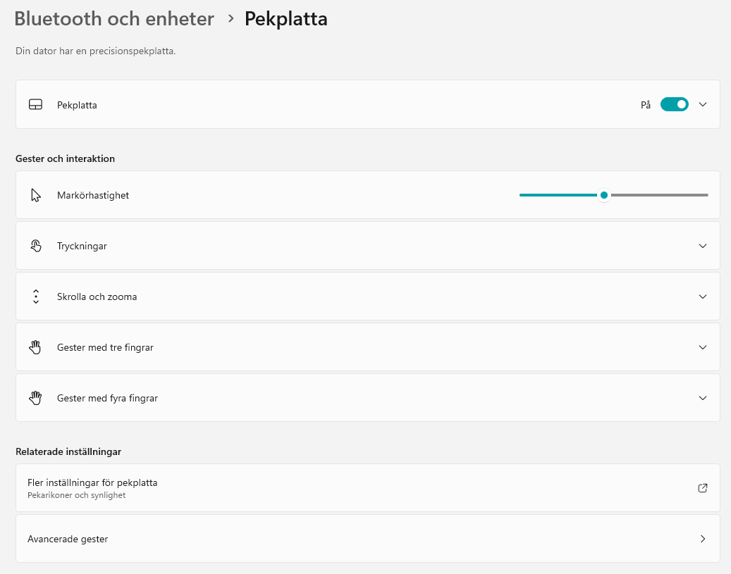 Bild på inställningar för pekplatta, touchpad och styrplatta i windows 11