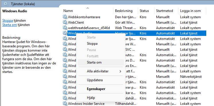 bild på hur jag kan starta om ljudtjänster i windows 11 med funktionen tjänster