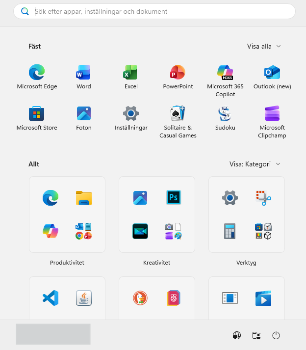 Bild på Windows 11 Startmeny med version 26H2