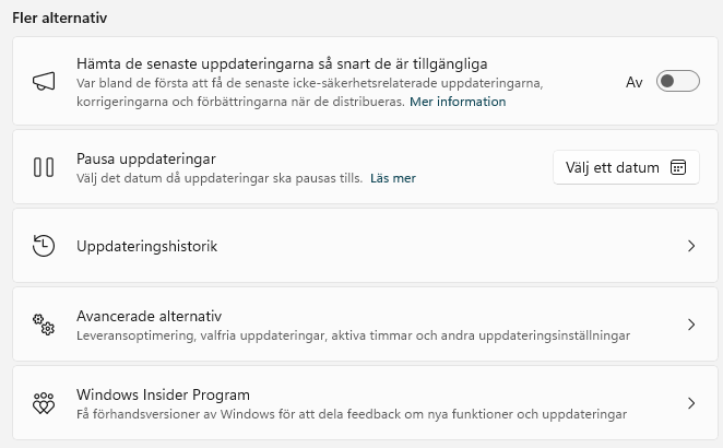 Bild på fler alternativ i windows update