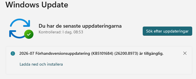 Uppdatering tillgänglig i windows update