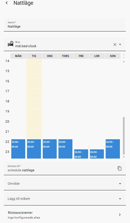Inställningar för hjälparen schema i Home Assistant