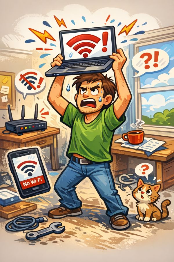 Illustration i cartoon‑stil av en frustrerad användare som försöker få wifi att fungera i Windows 11
